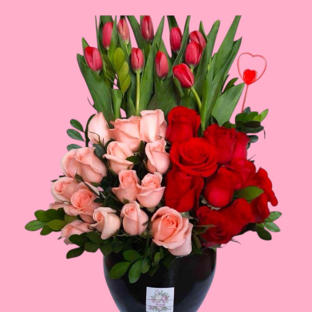 Tulipanes Rosas rojas y rosas rosadas